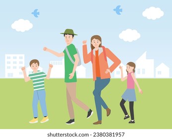 Illustration of a family of young couples and children enjoying outing