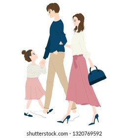 Illustration of family.A young couple and a young girl walking happily.