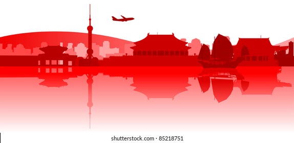 Illustration of famous buildings and monuments in East Asia