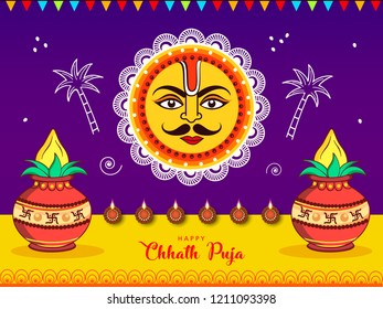 illustration of famous Happy Chhath Puja  Holiday background for Sun festival by womens  of Bihar India 