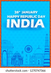 illustration of Famous Indian monument and Landmark like Taj Mahal, India Gate, Qutub Minar and Charminar for Happy Republic Day of India