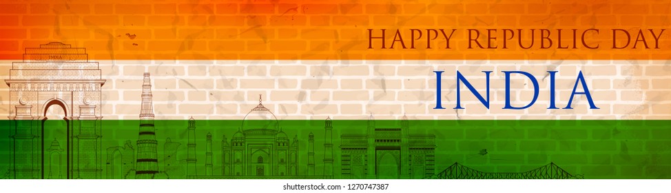 illustration of Famous Indian monument and Landmark like Taj Mahal, India Gate, Qutub Minar and Charminar for Happy Republic Day of India