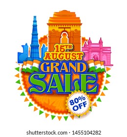 illustration of Famous Indian monument and Landmark for 15th August Happy Independence Day of India Sale Promotion advertisement background