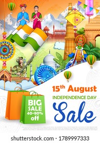 illustration of Famous Indian monument and Landmark for 15th August Happy Independence Day of India Sale Promotion advertisement background