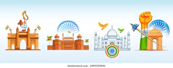 Illustration des berühmten indischen Denkmals und Wahrzeichen für den Happy Independence Day of India