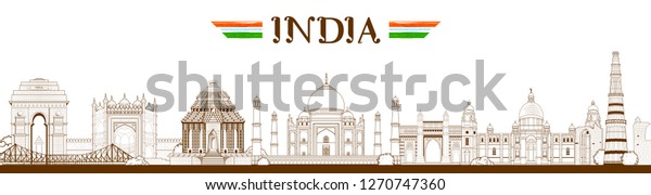 illustration of Famous Indian monument and Landmark\
like Taj Mahal, India Gate, Qutub Minar and Charminar for Happy\
Republic Day of\
India