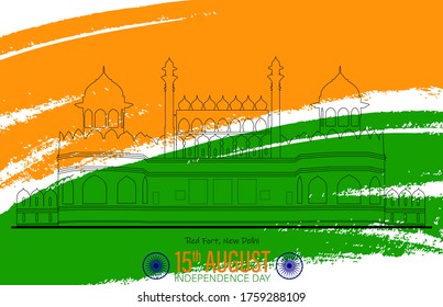 Illustration of famous Indian monument saffron and green color brush background for Happy Independence Day celebration 15th august