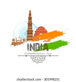 Illustration of famous Indian monuments with national flag colors on shiny background for Independence Day celebration.