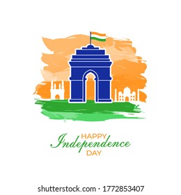 Illustration of famous Indian monuments on saffron and green color splash background. Happy Independence Day celebration.