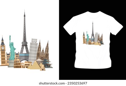Illustration of famous landmark Eiffel tower t-shirt design editable template