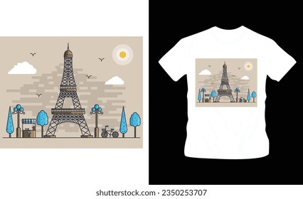 Illustration of famous landmark Eiffel tower t-shirt design editable template