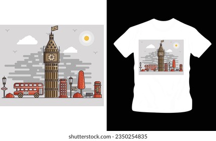 Illustration of famous landmark of UK clock tower t-shirt design editable template