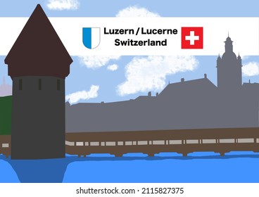 Illustration of famous medieval wooden Chapel Bridge (German: Kapellbrücke) and with stone water tower on a cloudy day. Illustration made January 31st, 2022, Zurich, Switzerland.