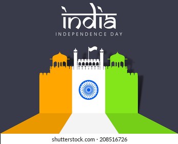 Illustration of famous monument of India Red Fort painted in national tricolors on grey background for 15th of August, Indian Independence Day celebrations. 