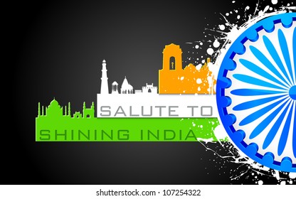 illustration of famous monument of India in tricolor with Ashok Wheel