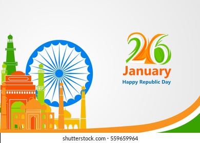 illustration of famous monument in Indian background for Happy Republic Day