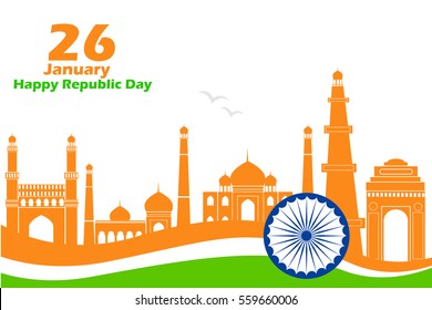 illustration of famous monument in Indian background for Happy Republic Day