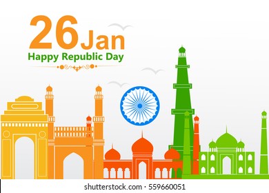 illustration of famous monument in Indian background for Happy Republic Day