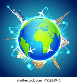 illustration of famous monuments around the globe showing world travel