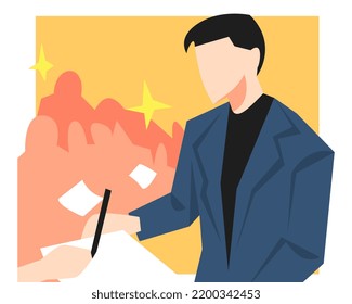 illustration of famous people, famous actors giving autographs for fans. crowd silhouette, light. flat vector style