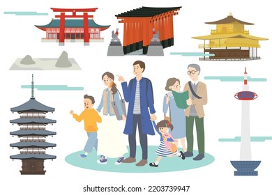 It is an illustration of a famous tourist spot in Kyoto and a couple of young men and women.