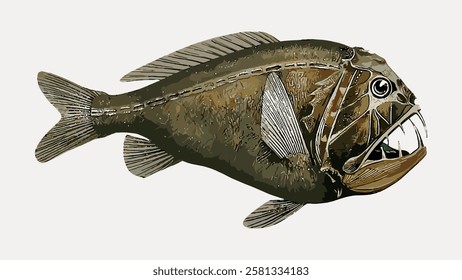 Illustration of a fangtooth fish with sharp teeth and a dark, textured body. The fangtooth fish is depicted in detail, highlighting its distinctive features. Vintage fish illustration vector.