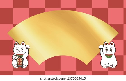 Illustration of a Fan-Shaped Frame with a Beckoning Cat and a Checkerboard Pattern Background
Translating:lucky