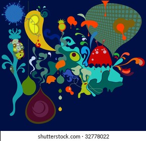 illustration of fantastic animals, shapes, & lines, with droplets, swirls, flourishes and other fun elements