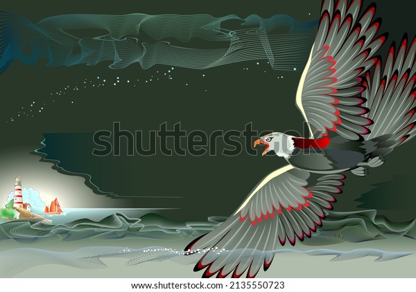 Illustration of fantastic fairy tale bird foreshadowing storm. Symbolic representation of approaching danger. Abstract background. Vector drawing. Print for wallpaper, design.