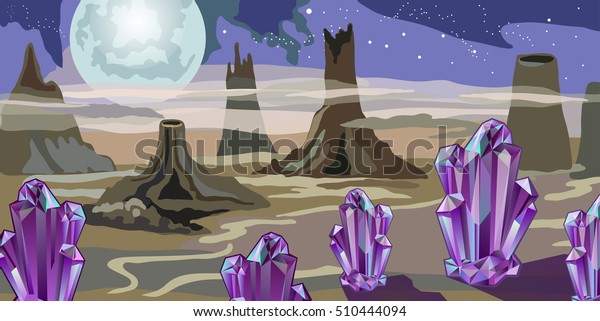 Illustration of\
fantastic fullmoon landscape with purple crystals for game\
design.Vector  Alien Planet Mountains For Ui / Picture of a cartoon\
sci-fi  background, with  volcano\
crater.