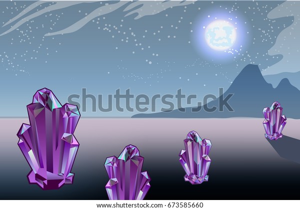 Illustration of\
fantastic fullmoon landscape with purple crystals for game\
design.Vector Alien Planet Mountains For Ui / Picture of a cartoon\
sci-fi background, with volcano\
crater.