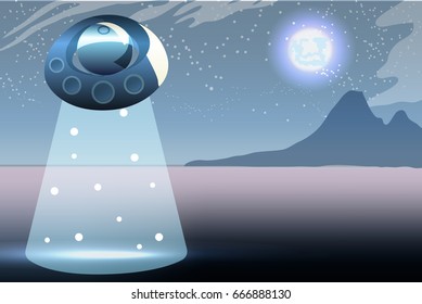 Illustration of fantastic fullmoon landscape with UFO for game design.Vector Alien Planet Mountains For Ui / Picture of a cartoon sci-fi background.