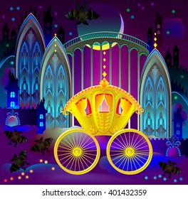 Illustration of fantastic golden carriage in wonderland kingdom, vector cartoon image. 