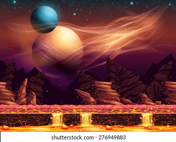 Illustration of a fantastic landscape of the red planet, horizontal seamless texture for the game design