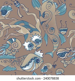 Illustration of fantastic marine life - fish, shell mollusk, planktone. Vector seamless pattern