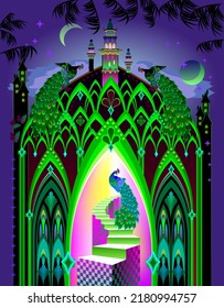 Illustration of fantastic oriental medieval castle at night time. Cover for kids fairy tale book. Imaginary fairyland eastern kingdom. Poster for travel company. Modern print. Vector cartoon image.