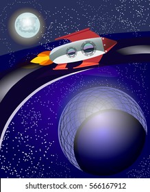 Illustration of fantastic outer space location for game design.Vector Alien Planet For Ui / Picture of a cartoon sci-fi background, with rocket. Cosmic theme banner or card with astronomic symbols.