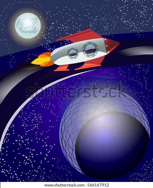 Illustration of fantastic outer space location\
for game design.Vector Alien Planet For Ui / Picture of a cartoon\
sci-fi background, with rocket. Cosmic theme banner or card with\
astronomic\
symbols.