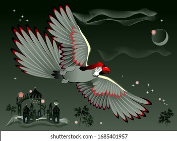 Illustration of fantastic parrot flying at night in oriental environment. Cover for children fairy tale book. Poster for travel company. Imaginary fairyland medieval eastern landscape. Modern print.