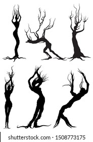 Illustration fantasy bizarre trees silhouettes like people 