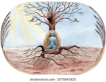 Ilustração de menina de pele azul fantasia, dormindo ou meditando, sentado em raízes de árvore nua sob o coração. Despertar depois do sono de inverno. Divindade pagã, seca, Deusa, Mãe Natureza, Amor. Aquarela