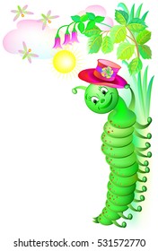 Illustration of fantasy cheerful caterpillar with a hat. Vector cartoon image.