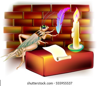 Illustration of fantasy cricket writing a letter during the nighttime. Vector cartoon image. 