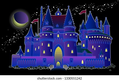 Illustration of fantasy fairyland medieval castle at night. Cover for baby fairy tale book. Modern print. Vector cartoon image.