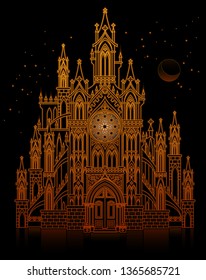 Illustration of fantasy fairyland medieval castle at night. Gothic architectural style with pointed arch. Cover for baby fairy tale book. Modern print. Middle ages in Western Europe. Vector image.