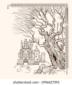 Illustration of fantasy fairyland medieval castle and old tree. Sketch of landscape in ancient style. Background for children book cover. Drawing of kingdom for legend or fairy tale book.