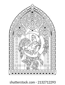 Illustration of fantasy fairy-tale rooster in gothic stained glass window. Black and white drawing for coloring book. Medieval architecture. Worksheet for children and adults. Vector image.