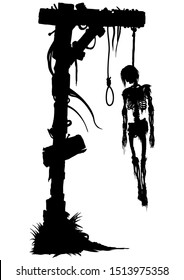 Illustration a fantasy horror gallows and a hanged skeleton