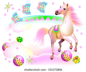 Illustration of fantasy horse running at the circus. Vector cartoon image.