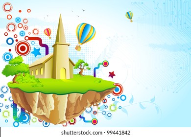 illustration of fantasy land with house surrounded by colorful swirl